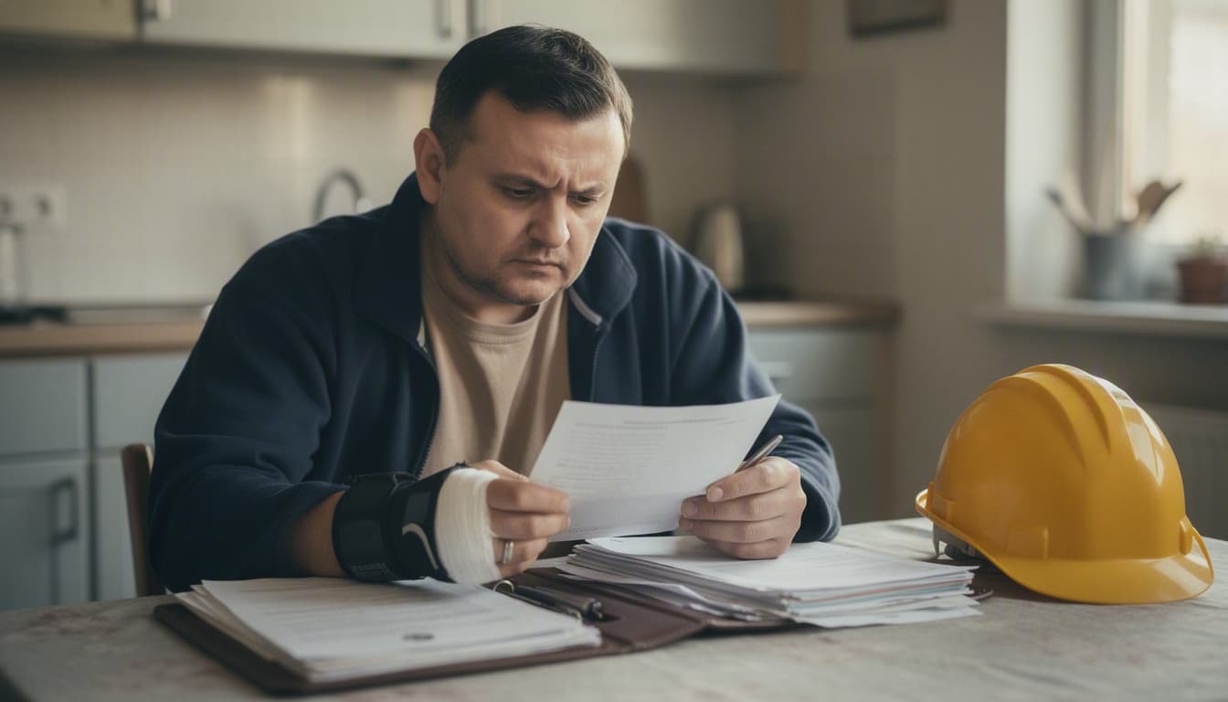 Pracownik z bandażem na dłoni czyta pismo z ZUS przy stole, obok kask ochronny i dokumenty
